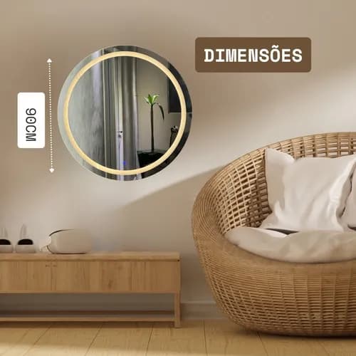 Espelho Redondo Decorativo 90x90 Led Branco Quarto Studio - imagem 3