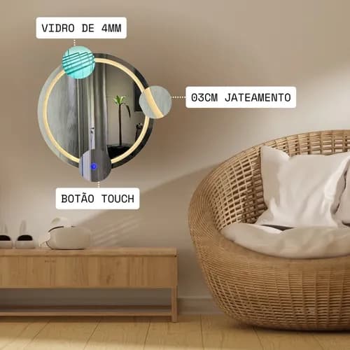 Espelho Redondo Decorativo 90x90 Led Branco Quarto Studio - imagem 2